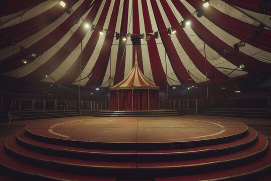 Vintage Circus Tent Interior: An Empty Arena with Striped Ceiling, Red and White Draped Curtains, and Dramatic Lighting on the Center Stage