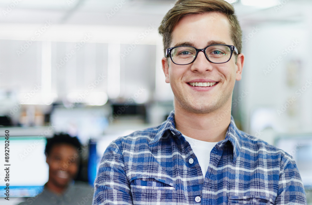 Aufkleber confident, portrait or happy man in startup or office for project development, testing pc and compan