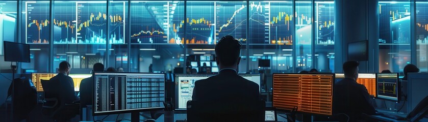 A modern trading room with screens displaying financial data and graphs, illustrating market analysis and investment strategy.