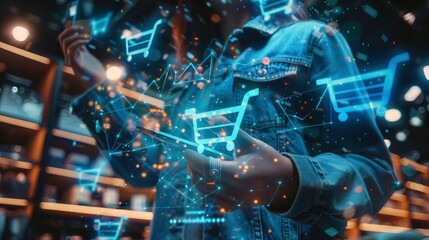 A person holding a smartphone, with digital shopping cart icons and data visualization overlays, showcasing modern e-commerce trends.