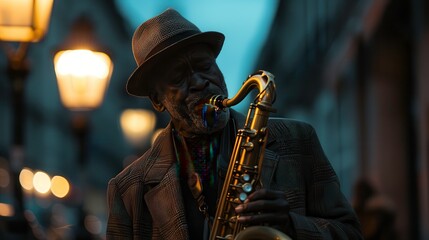 Obraz premium A street musician passionately plays saxophone under warm streetlights, creating a soulful atmosphere in the night.