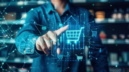 Businessman interacting with digital shopping cart interface, showcasing modern technology in retail and e-commerce settings.