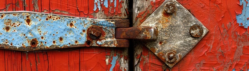 A rusty hinge on a door. The hinge is green and has holes in it