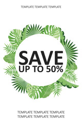 Summer special offer. frame with tropical green leaves border in vector illustration, ideal for seasonal promotions.