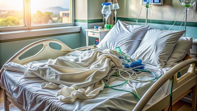 Empty hospital bed with abandoned oxygen mask, tangled medical tubes, and crumpled sheets, conveying a sense of recent recovery and lingering illness.