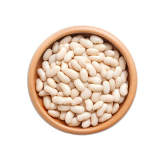 white beans in a wooden deep bowl on a white background, top view