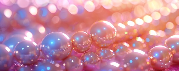 Shiny, iridescent pearls arranged in a soft, pink and white background.