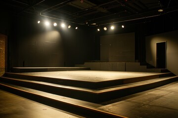 An Empty Concert Hall Stage with 3D Light Rays and Beams, Perfect for Nightclub Events and Theater Performances, Featuring a Geometric Design and Illuminated Podium for Award Ceremonies