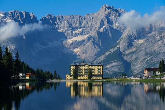 Lake Misurina (Italian: Lago di Misurina) is the largest natural lake of the Cadore and it is 1,754 m above sea level, near Auronzo di Cadore (Belluno) Dolomites, Italy 5.07.2024