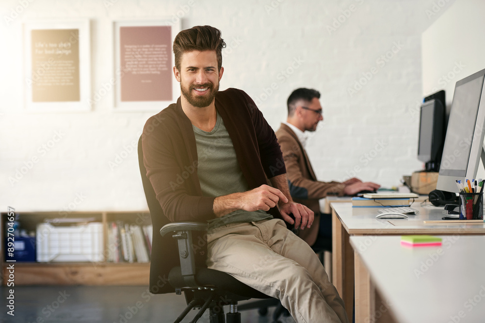 Poster Design , businessmen and portrait in office for ui project, creativity and working at computer. Web designers, agency and employee in workplace for startup, pride and confidence with technology