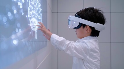 A boy in VR headset touches digital brain with neural connections, showcasing VR's role in education and brain exploration