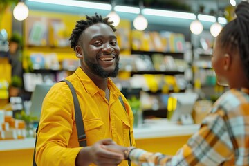 Obraz premium Happy African American Man Shaking Hands in a Bright and Modern Bookstore