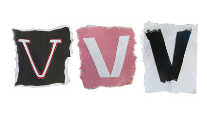 V alphabet torn from a magazine paper. Ransom note style letters.