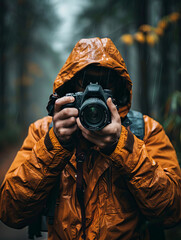 Fototapeta premium Photographer in Orange Rain Jacket Capturing Images in the Rainy Forest