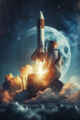 Obraz premium Rocket Launching from Laptop in Cosmic Background created by ai