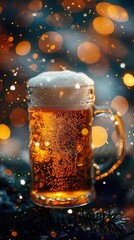 Closeup of a frothy beer mug, Oktoberfest revelry in the background, warm festive lights illuminating the scene