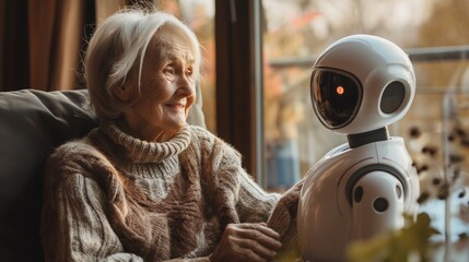 elderly woman talking to modern white robotic house helper