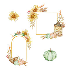 Watercolor autumn gold frames set with pumpkin, sunflowers, cornucopia, lantern, fall leaves