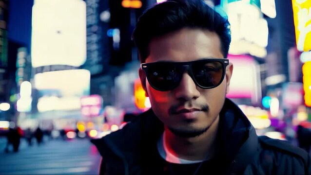 Young man with sunglass in times square