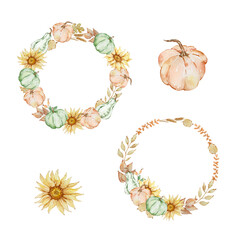 Watercolor autumn wreath set with pumpkin, sunflowers, fall leaves