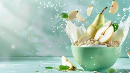 A bowl of oatmeal with two pears and a slice of apple on top. The bowl is on a table with a blue background