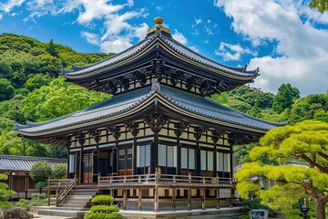 Obraz premium Large Wooden Temple with Green Roof Surrounded by Trees, Symmetrical Composition, Traditional Japanese Architecture, Bright Colors, Tranquil and Grand Scene