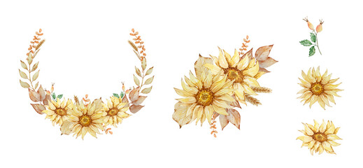 Watercolor autumn wreath set with sunflowers, fall leaves © SvetaArt