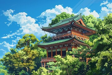 Obraz premium Large Wooden Temple with Green Roof Surrounded by Trees, Symmetrical Composition, Traditional Japanese Architecture, Bright Colors, Tranquil and Grand Scene