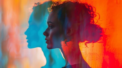 modern abstract background, angles, close up, focus on, vibrant hues, Double exposure silhouette with angles