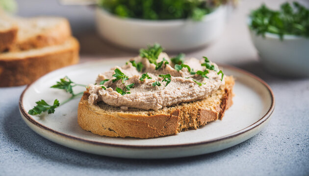 Crusty bread generously spread with smooth liver pate and fresh herbs. Tasty snack for lunch