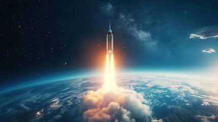 Rocket Launching from Laptop in Cosmic Background created by ai