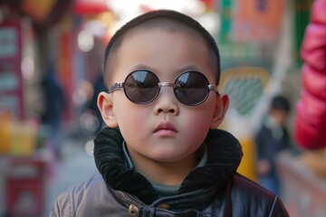 Portrait of a confident young boy wearing stylish sunglasses and a leather jacket