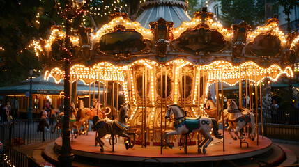 Colorful vintage carousel with horses and lights, in a bustling city center, captured in raw style.