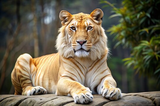 Majestic liger with golden fur, dark stripes, and piercing eyes, a unique hybrid offspring of a male lion and female tiger, sits regally on a rock.