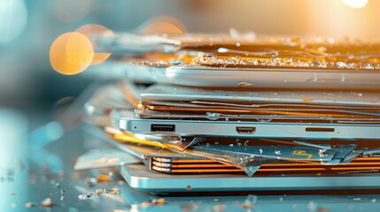 A stack of laptops with shattered screens. The laptops are stacked on top of each other, with the top one being the most damaged. The scene is chaotic and disorganized