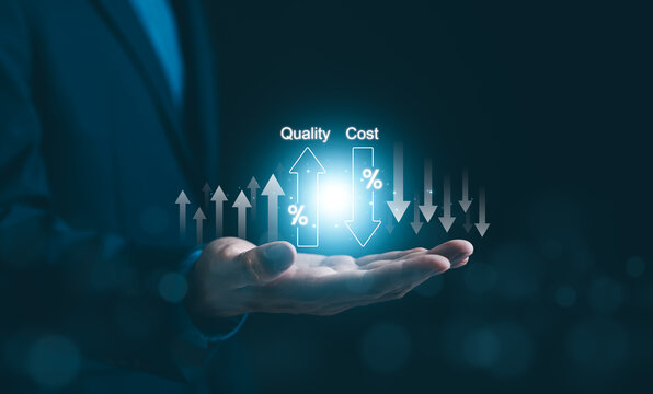 Quality increase and cost optimization for products or services to improve efficiency. Businessman with quality control growth graph and cost reduction, Effective business, Efficient Risk, Cost report