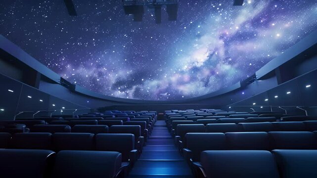 The dimly lit planetarium with rows of comfortable seats facing the large screen depicting a breathtaking view of the Milky Way.