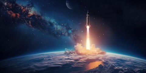 Rocket Launching from Laptop in Cosmic Background created by ai