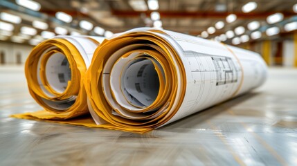 Detailed architectural blueprints rolled up on a table inside a large industrial warehouse with bright lighting and empty space.