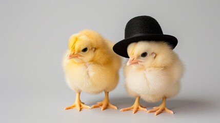 Obraz premium Three yellow chicks stand in a row on snowy ground, with the middle chick wearing a black top hat