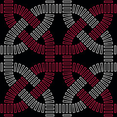 Seamless abstract geometric pattern with red and white interlaced dashed lines on a black background. Ethnic design in modern style. Vector illustration.