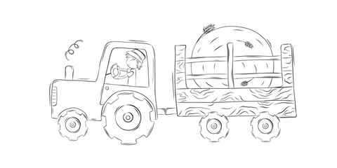Sketch man on tractor on a trailer transport large bale of hay. Harvesting. Simple vector illustration in doodle style