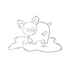 Sketch of a cute pig bathing in mud. Simple children's vector illustration in doodle style