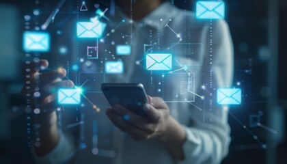 smartphone in a hand displays digital envelopes emerging from the screen, mobile and email marketing strategies, technology in communication and connectivity.
