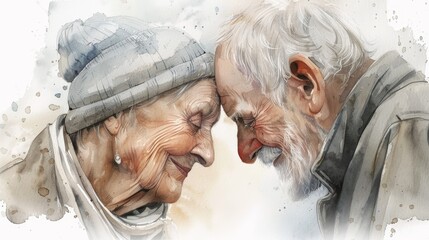 Heartwarming illustration of an elderly couple sharing a loving moment, expressing enduring affection and lifelong bond.