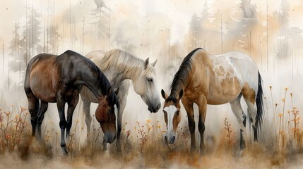 Fototapeta premium Three majestic horses grazing in a misty forested landscape, showcasing natural beauty and serenity in an artistic depiction.