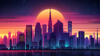 Fototapeta premium Vibrant City Skyline at Sunset with Neon Colors