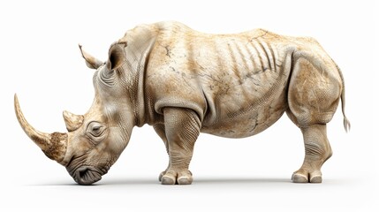 Obraz premium Stock photo of a majestic rhinoceros with a prominent horn, standing in profile view against a white background, showcasing its powerful form.