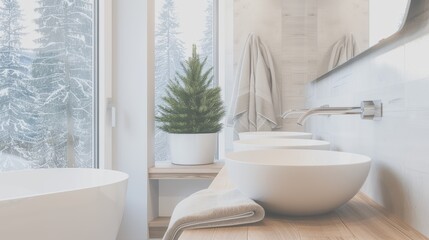 Modern bathroom with a minimalist design featuring white fixtures, a wooden countertop, a small plant, and a snowy outdoor view through a large window.