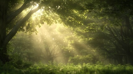 Naklejka premium Sunlight streaming through a lush green forest canopy, creating a serene and peaceful atmosphere.